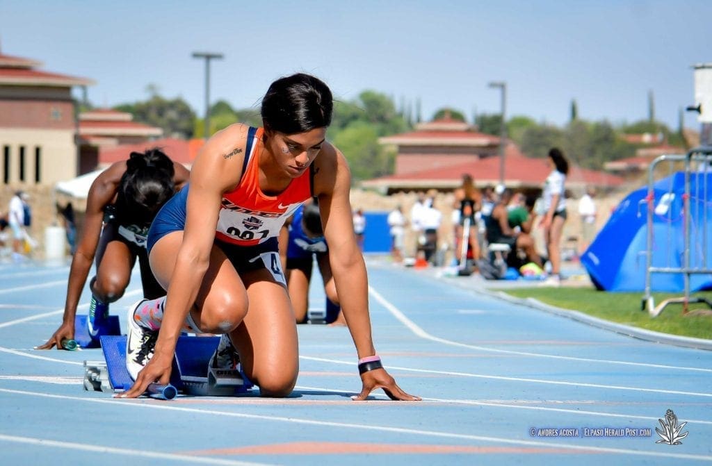 Izzie Ramsay prepares for the 4x100 Women's Final at 2017 CUSA Track and field meet, Finals Kidd Field El Paso Texas