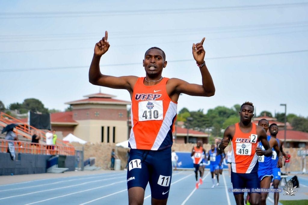 UTEP's Jonah Koech (#410) raises his hands in vitcory in the Men's 800 meter dash at the 2017 CUSA Track and field meet, Finals Kidd Field El Paso Texas