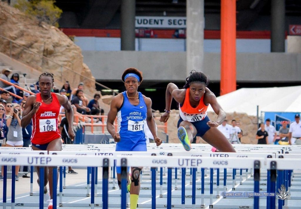 UTEP's Tobi Amusan takes the 100 meter Hurdles Gold medal at the 2017 CUSA Track and field meet, Finals Kidd Field El Paso Texas